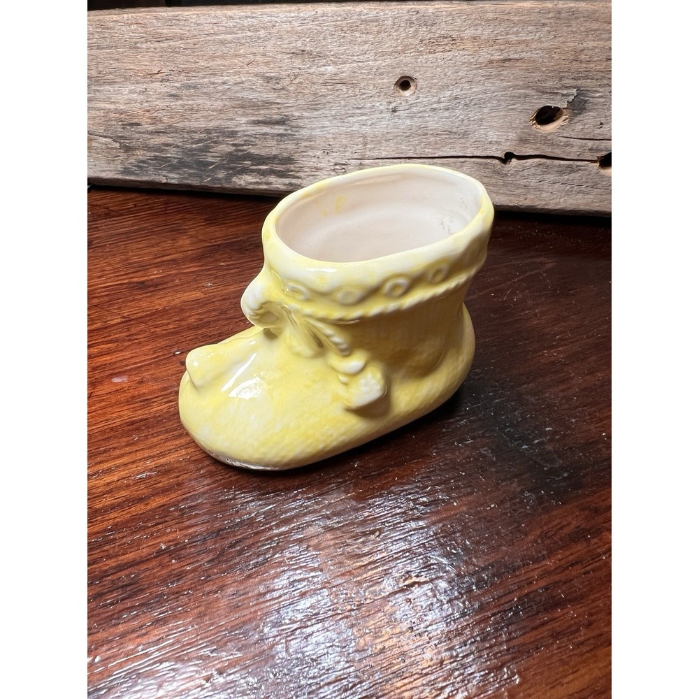 VTG Ceramic Baby Infant Shoe Bootie Planter Circa 1950s Yellow Glazed Vase